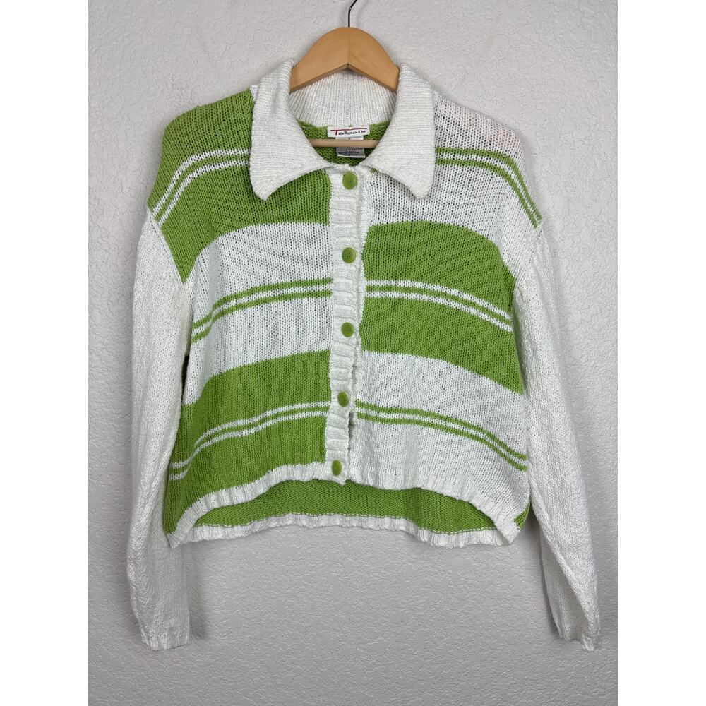 VTG Talbots Womens Cardigan‎ Sweater Sz Medium Green White Cotton Beachy Coastal